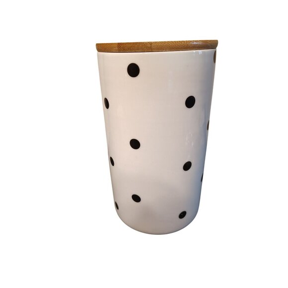 Ellen Studio Magenta Moth Ceramic Canister, Wooden Lid, Black White Polka Dots - Picture 2 of 5